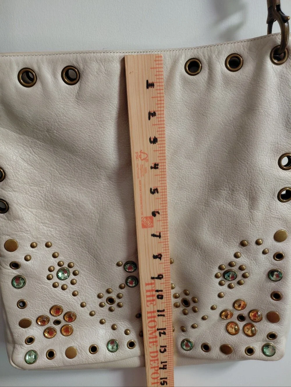 Steve Madden Cream Leather Studded Hobo Bag with Green and Amber Gems